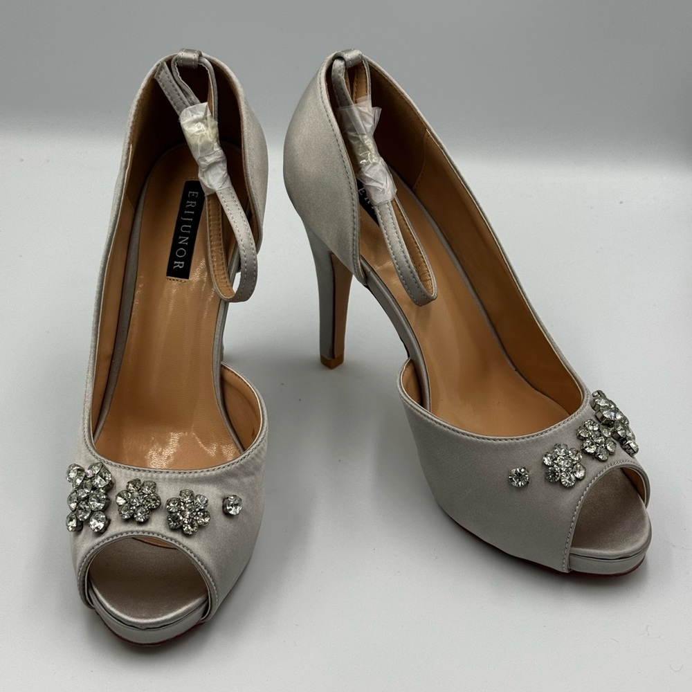 Silver Party Satin Peep Toe Heels with Rhinestones, Size 9W